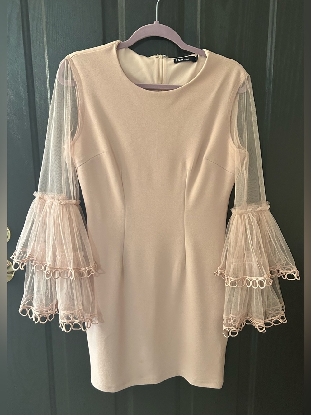 INA A Night To Remember Blush Cream Sheath Dress with Tiered Mesh Bell Sleeves
